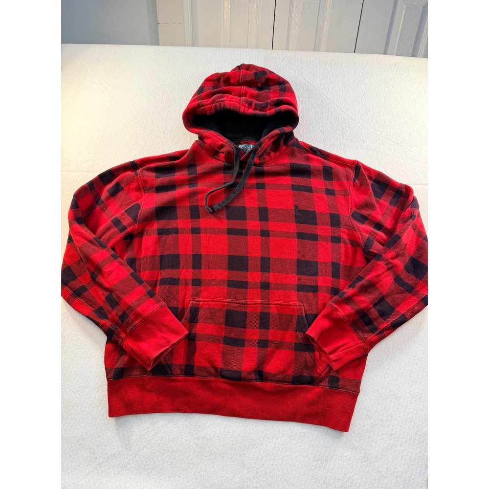 Polo Ralph Lauren Mens Buffalo Plaid Hoodie Red Black Check Pony Logo XL
